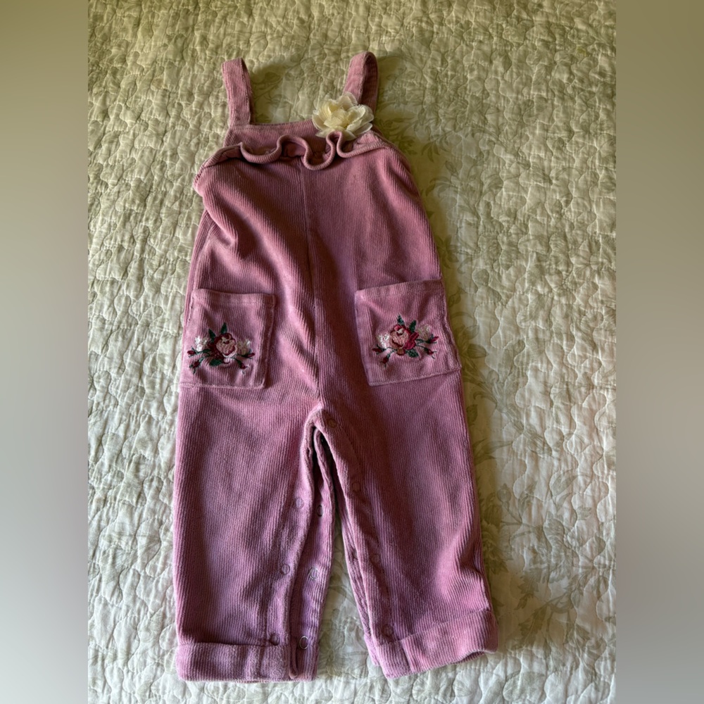 Pink Floral Embroidered Overalls
